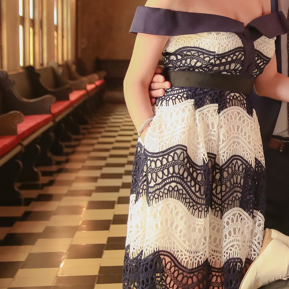 Self Portrait off shoulder wave guipure  dress